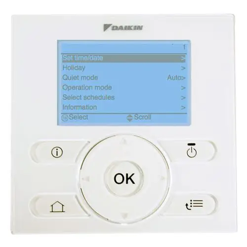 Daikin-Bedieneinheit mit digitalem Display und Steueroptionen zur Einstellung von Zeit, Betriebsmodus und Zeitplänen. Tasten zur Navigation und Bestätigung sind vorhanden.